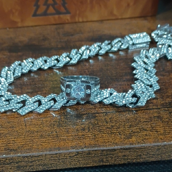 Silve moissanite Ring and Cuban Link chain Set - Men's Accessories